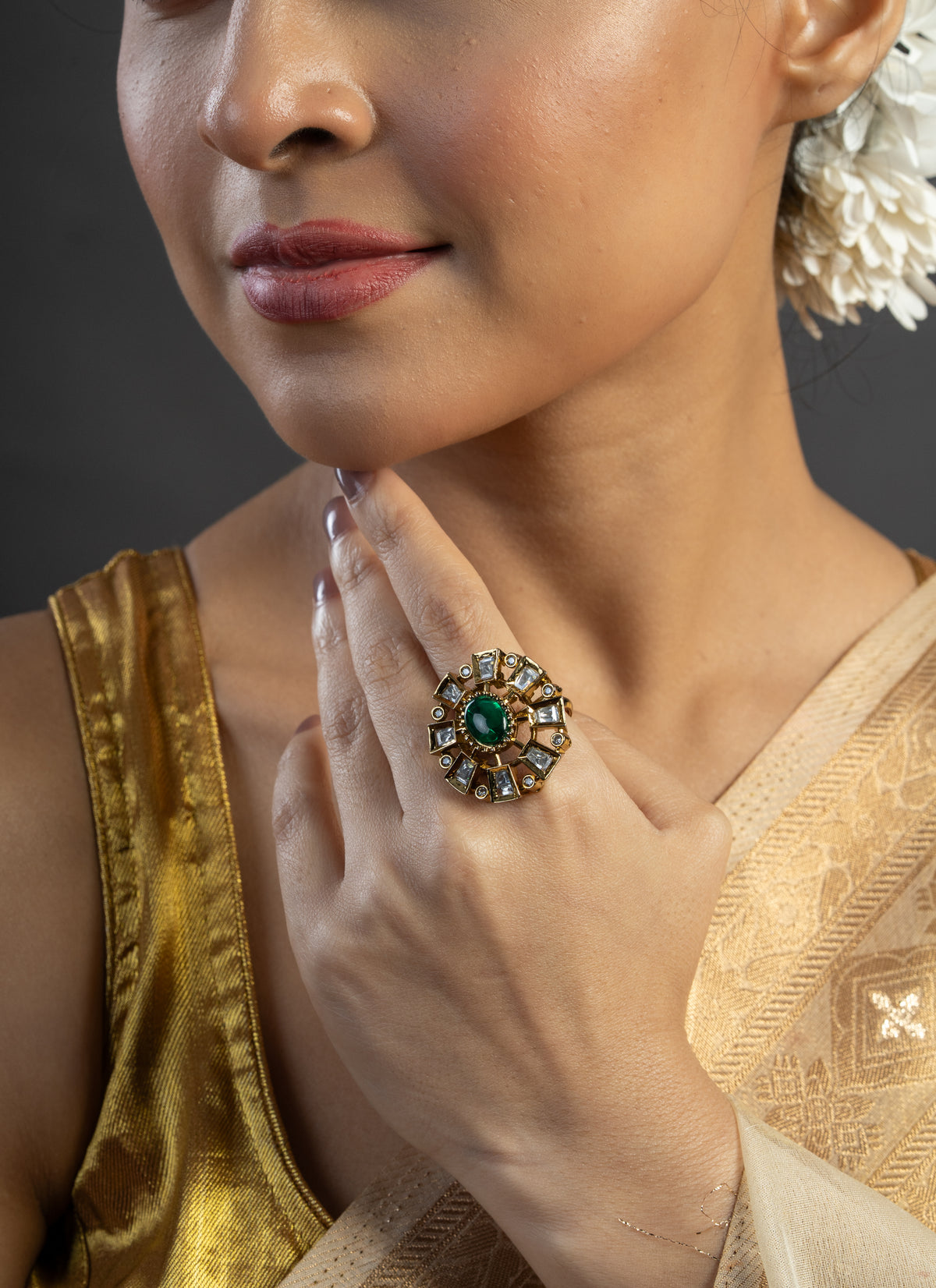 Gold Floral Statement Ring with Green Center Stone for Women