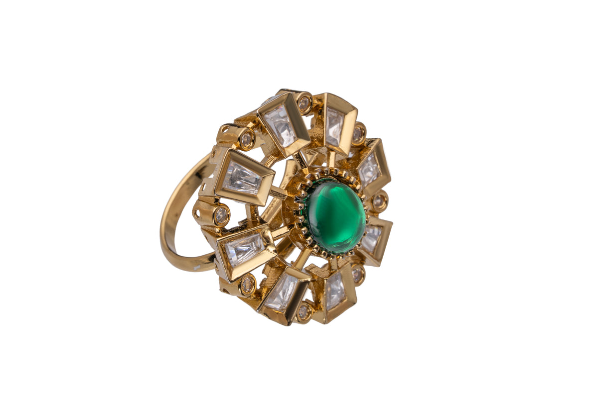 Gold Floral Statement Ring with Green Center Stone for Women