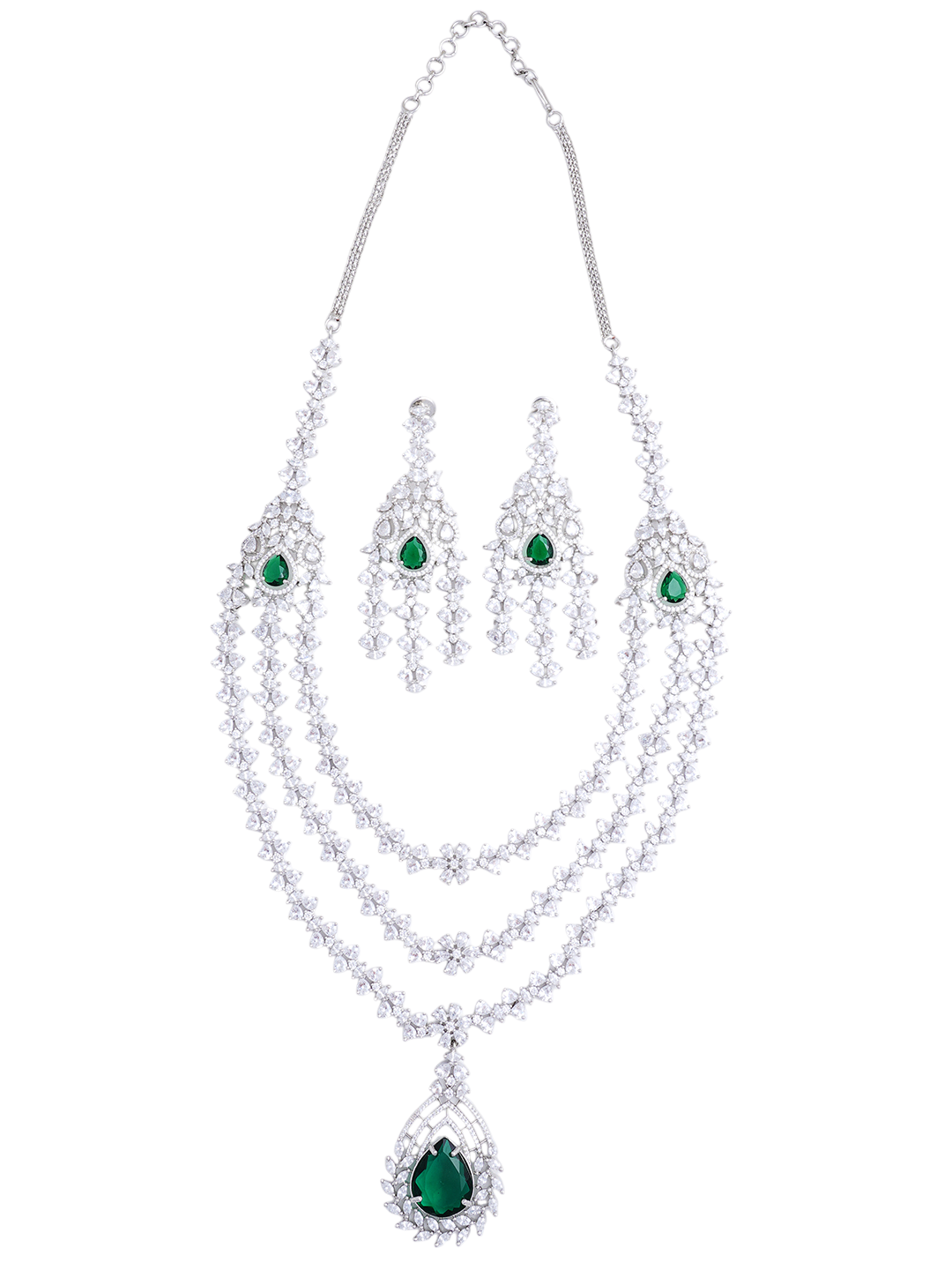Emerald Green Layered Necklace & Earrings Set for Women