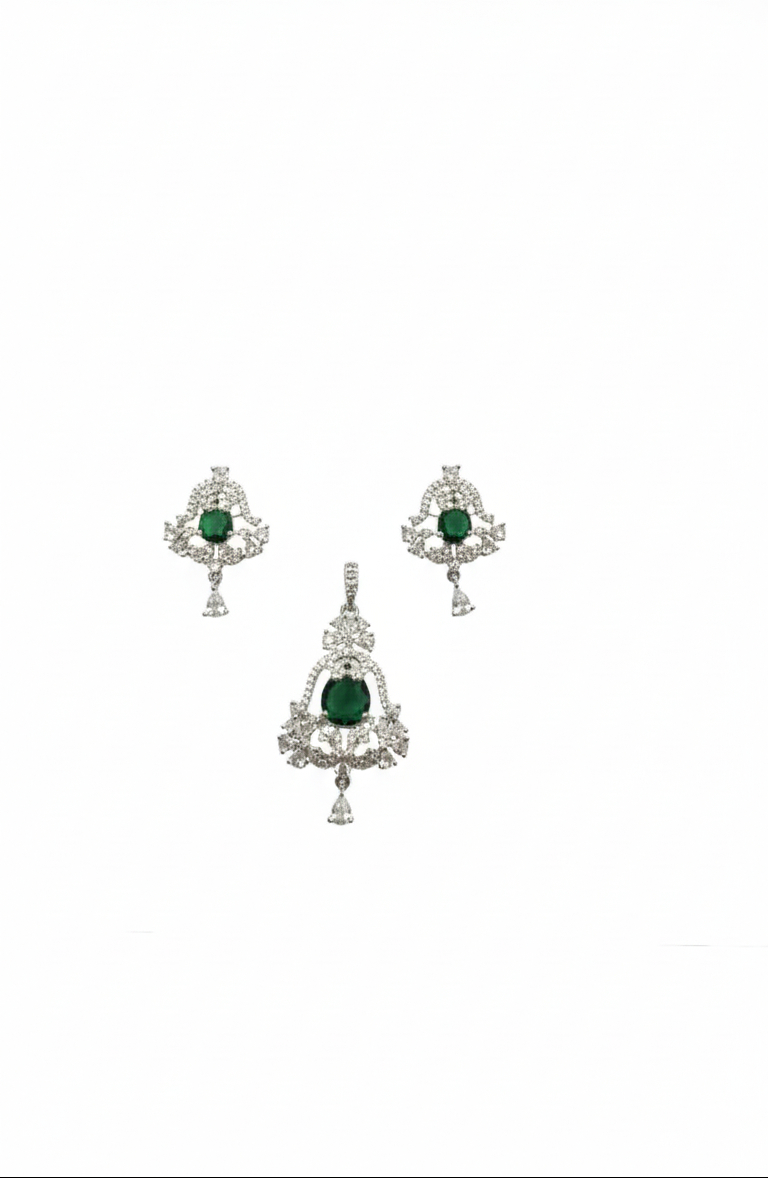 Green Stone Silver Necklace & Earrings Set for Women