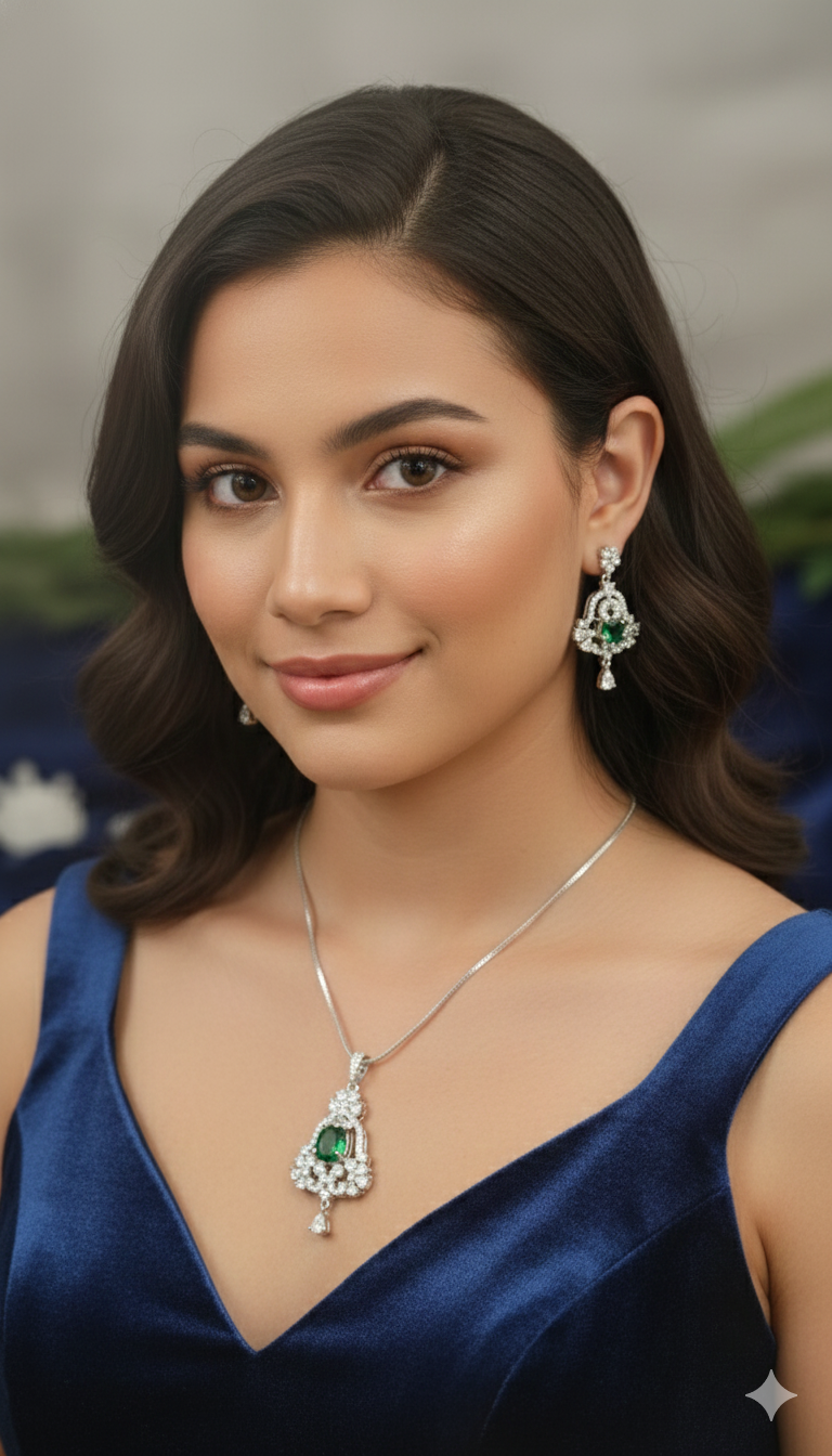 Green Stone Silver Necklace & Earrings Set for Women