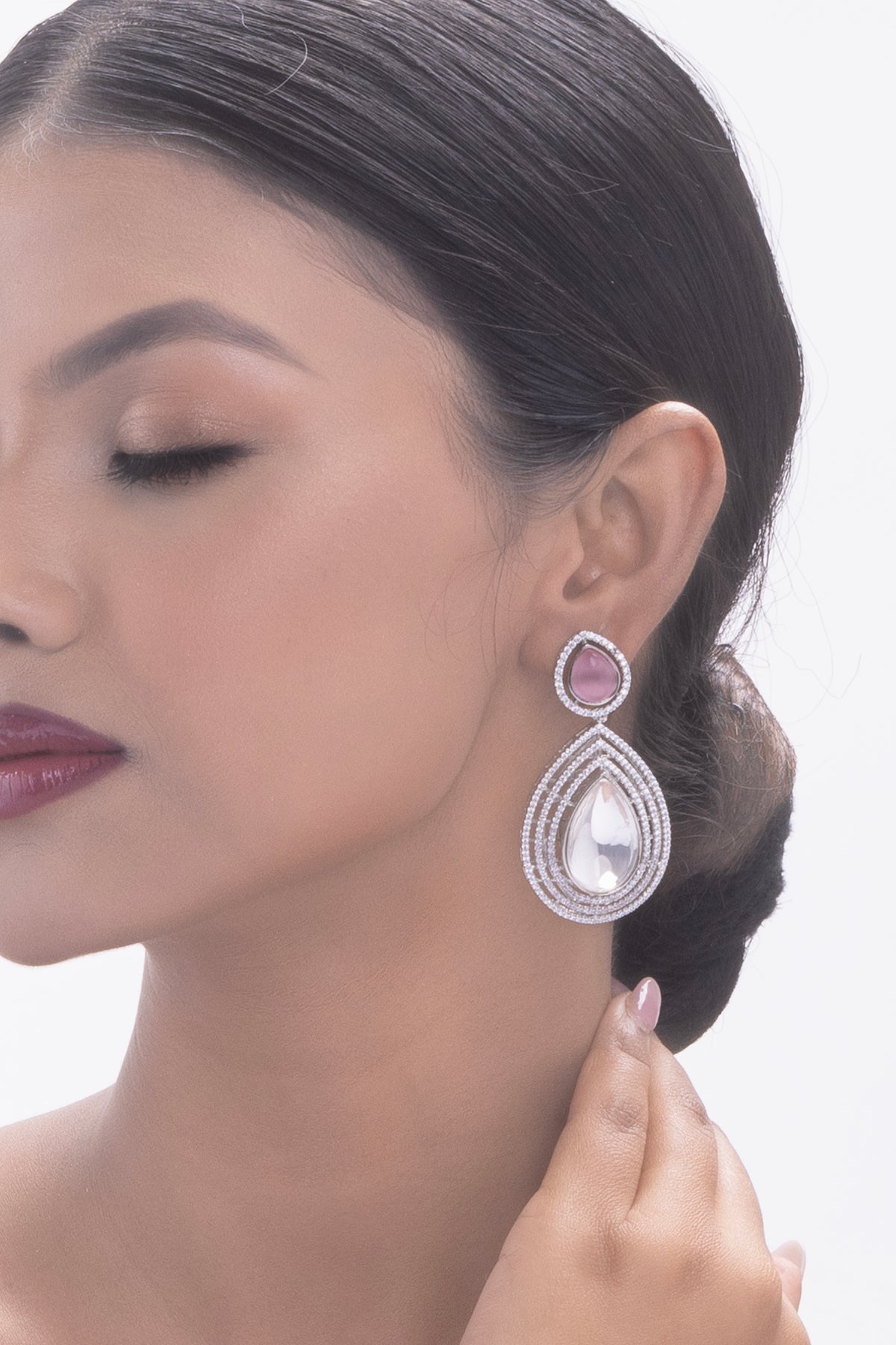 Pink Stone Silver-Tone Teardrop Drop Earrings for Women