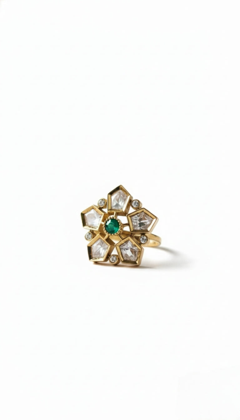 Gold-Tone Floral Statement Ring with Green Center Stone for Women