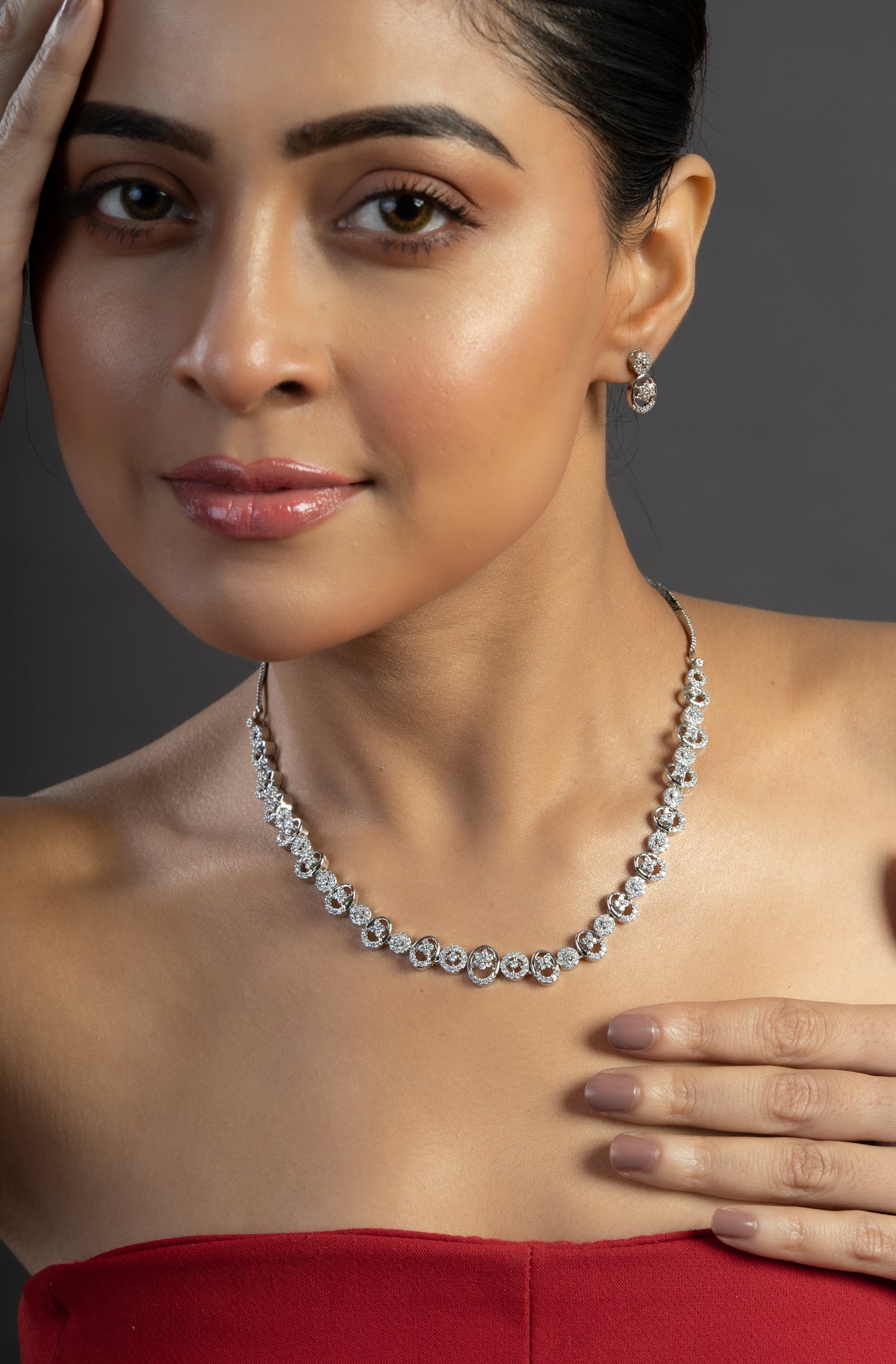 Silver-Tone Crystal Necklace & Earrings Set for Women