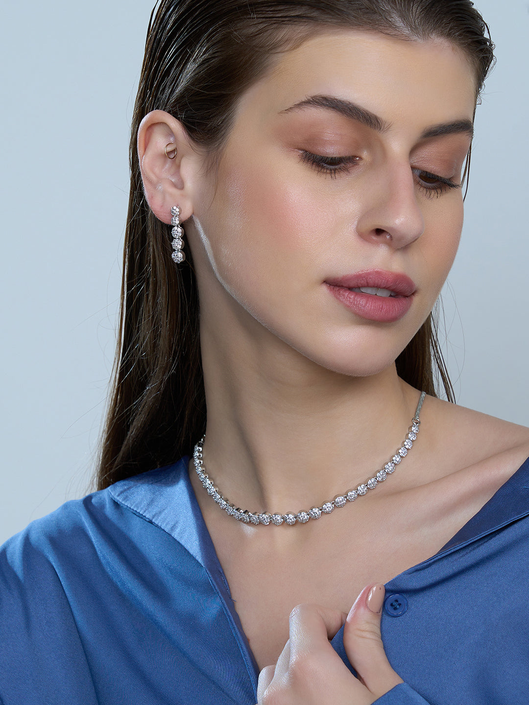 Silver Crystal Necklace & Earrings Set for Women
