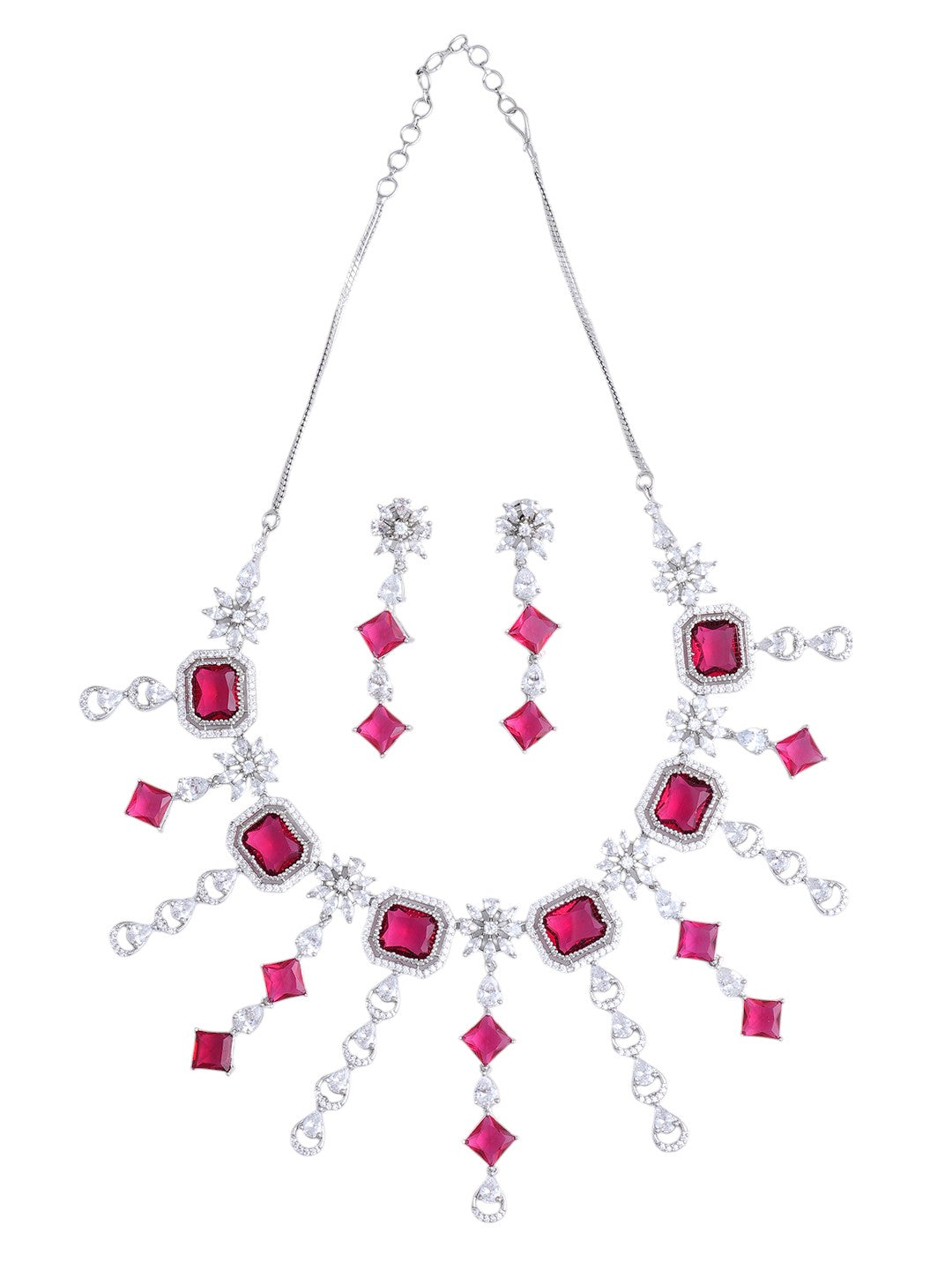 Pink Crystal Floral Necklace & Earrings Set for Women