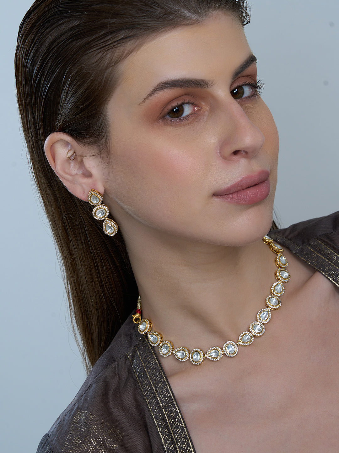 Gold-Tone Kundan-Style Necklace & Earrings Set for Women