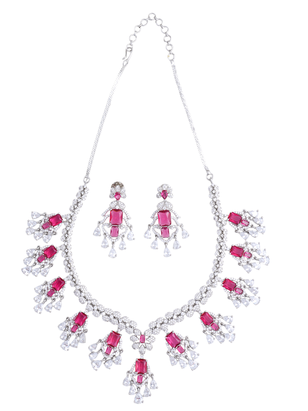 Pink Stone Silver-Tone Necklace & Earrings Set for Women