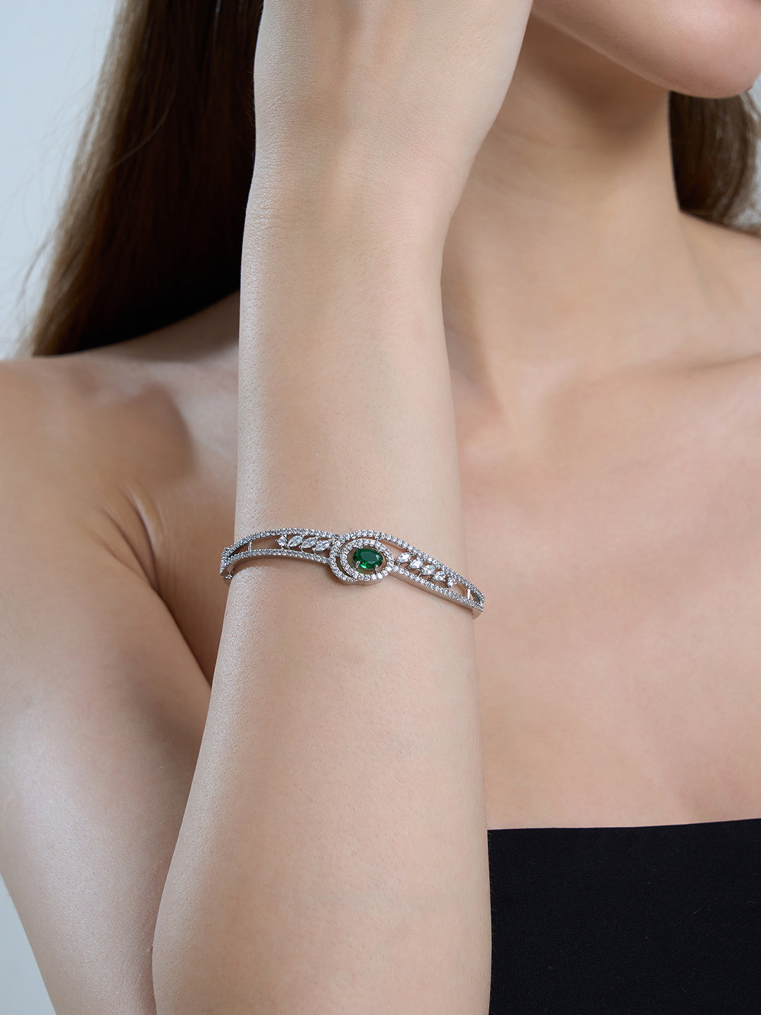 Silver-Tone Green Stone Crystal Bangle Bracelet for Women