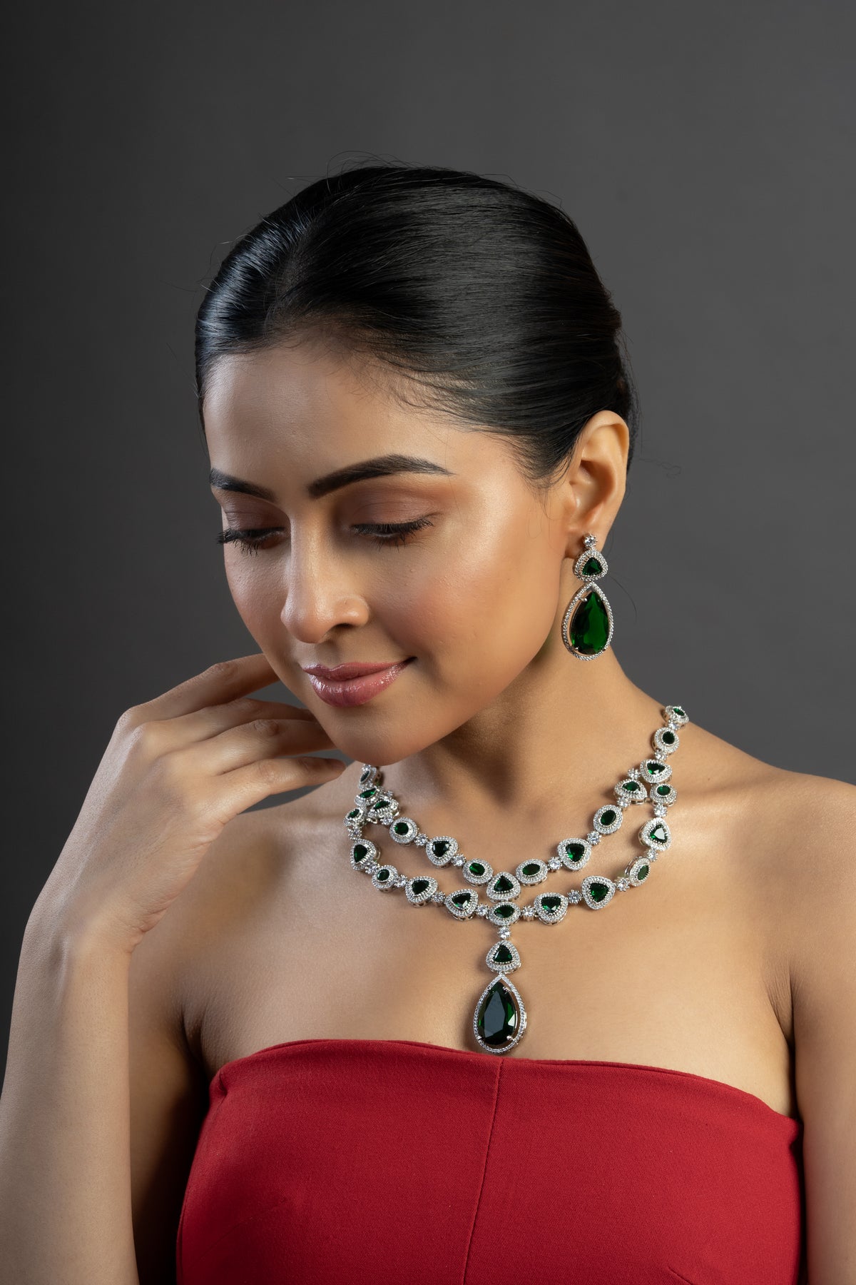 Green Stone Silver-Tone Necklace & Earrings Set for Women