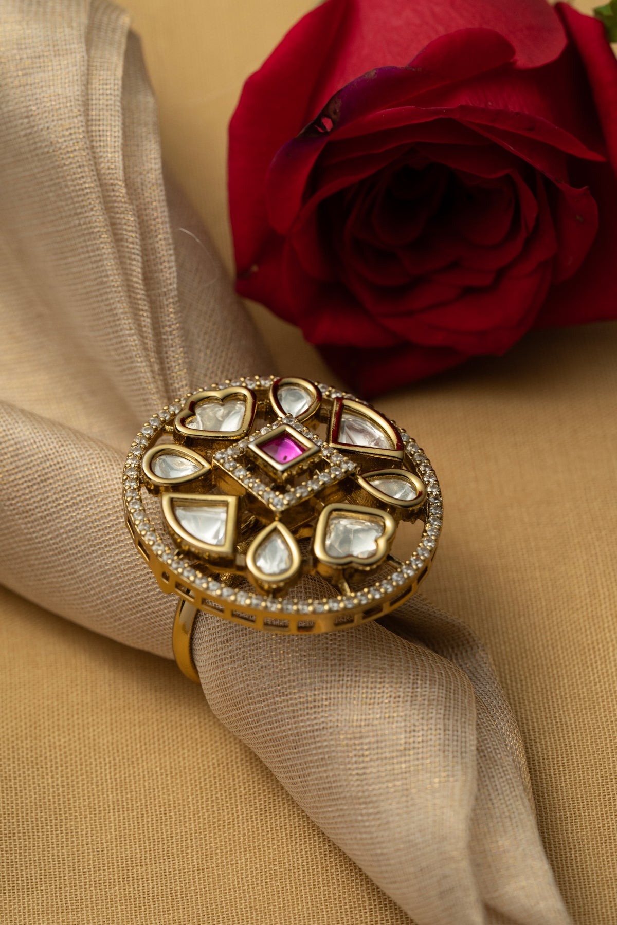 Gold Tone Floral Statement Ring with Pink Center Stone and Clear Accents for Women