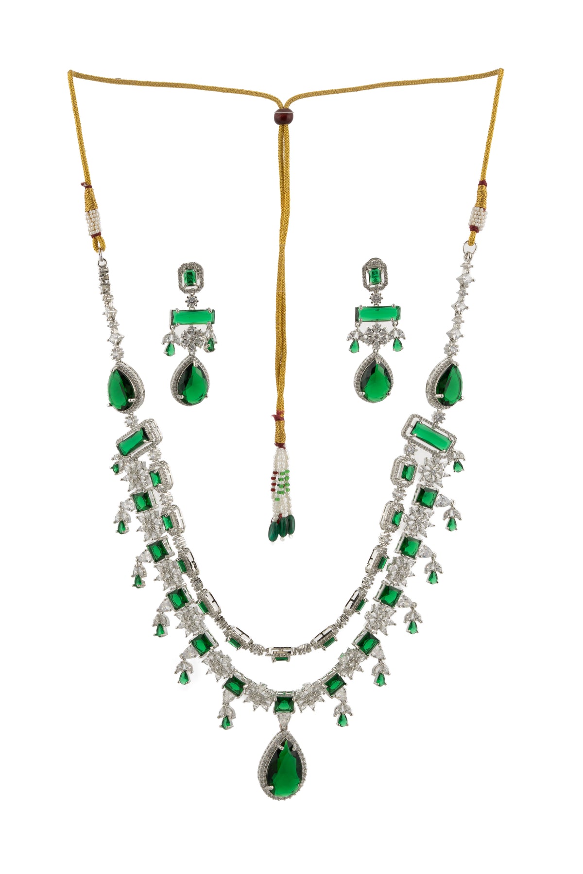 Green & Silver Statement Necklace and Earrings Set for Women