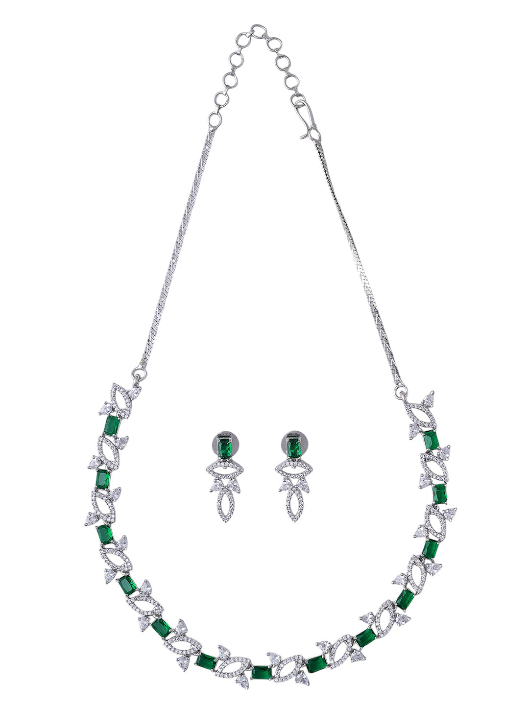 Green & Silver Crystal Necklace and Earrings Set for Women