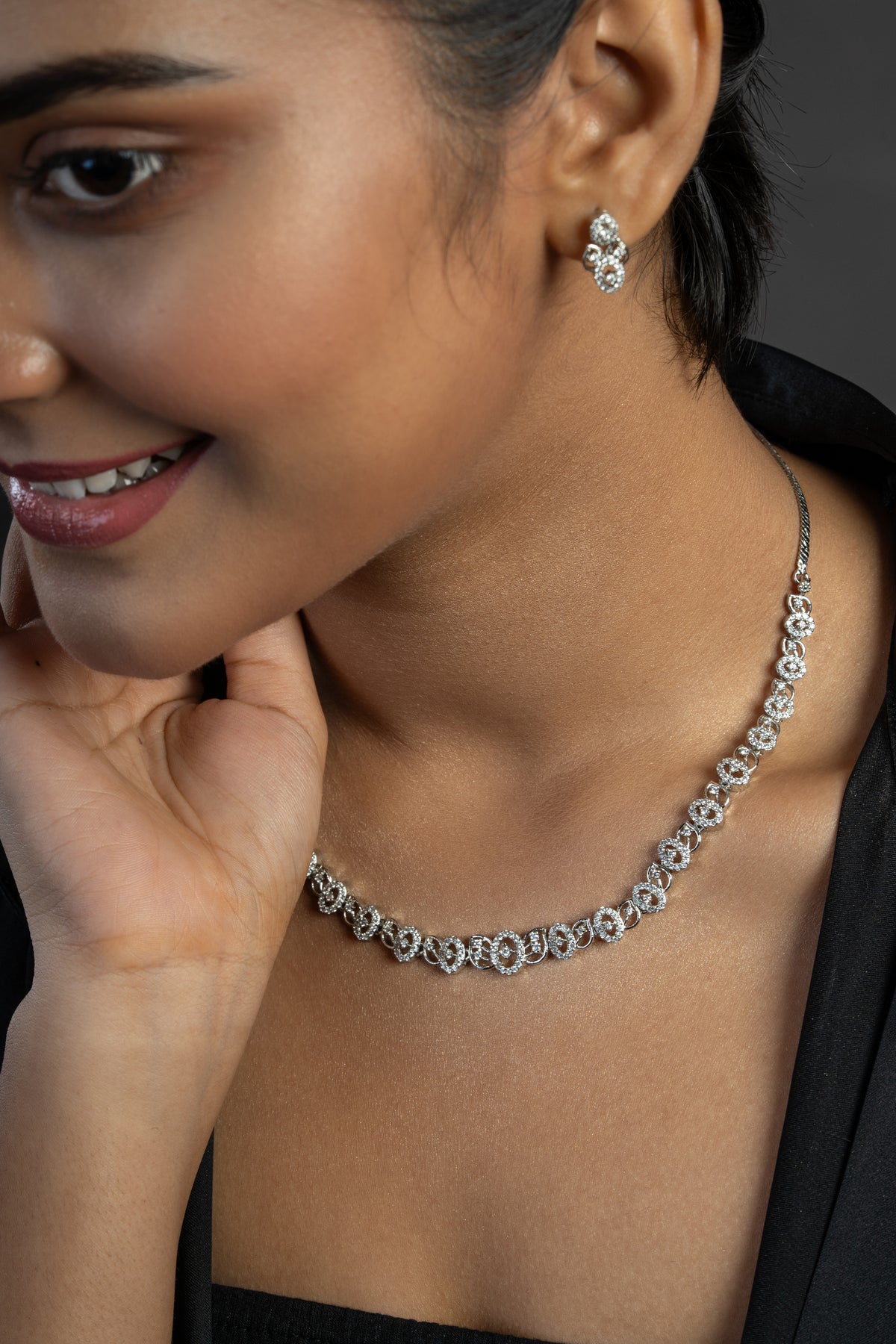 Silver-Tone Crystal Heart Link Necklace & Earrings Set for Women