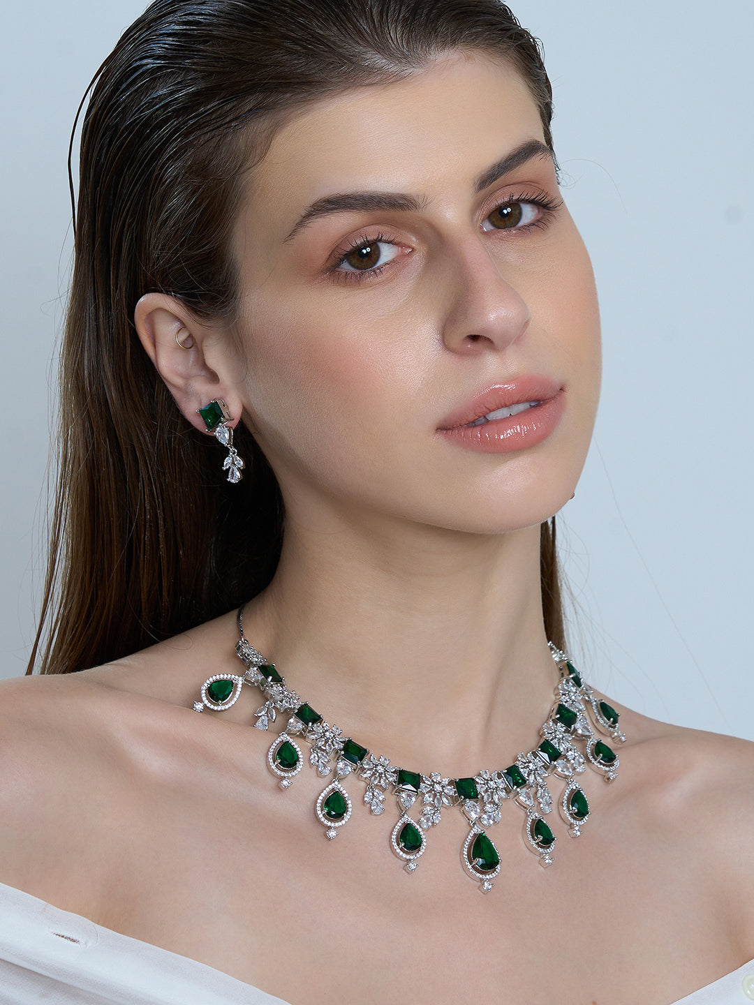 Emerald Green Statement Necklace & Earrings Set with Teardrop Stones