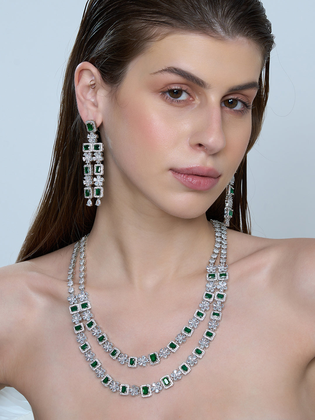 Emerald Green Double-Layer Necklace & Earrings Set for Women