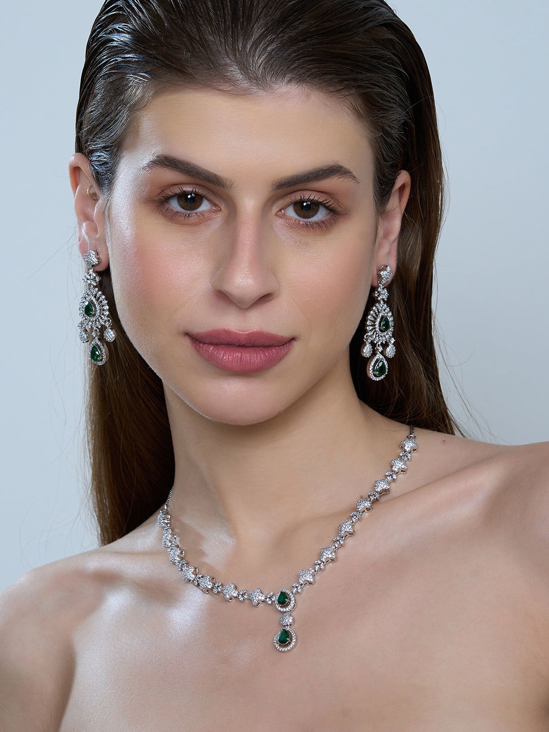 Green Emerald-Style Necklace & Earrings Set for Women
