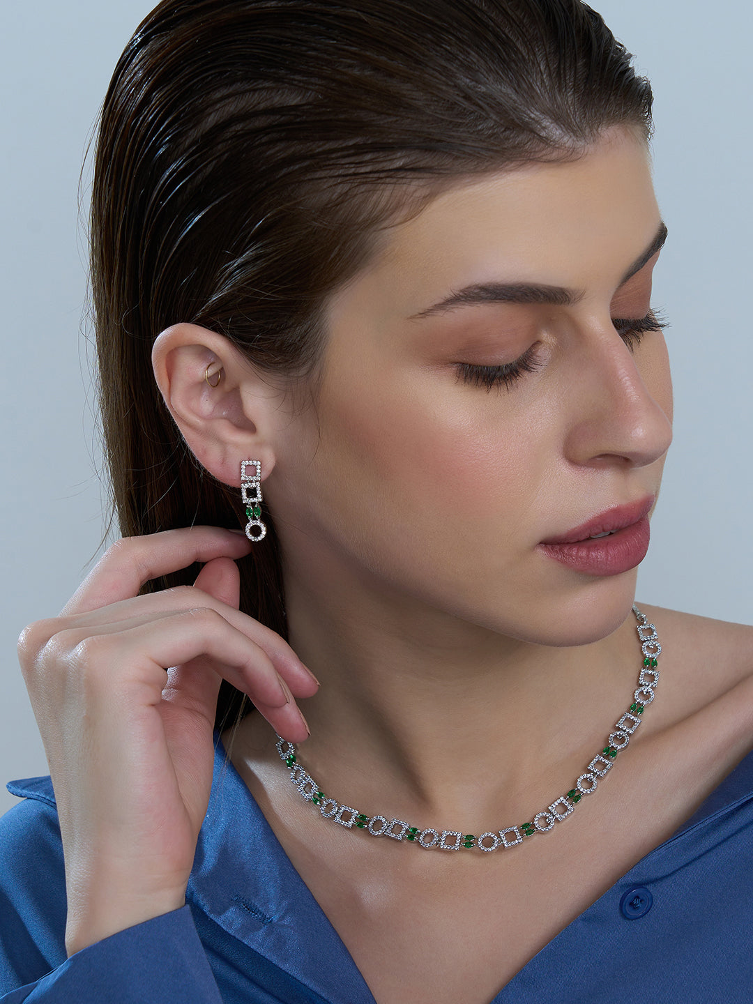 Emerald Green Geometric Necklace & Earrings Set for Women