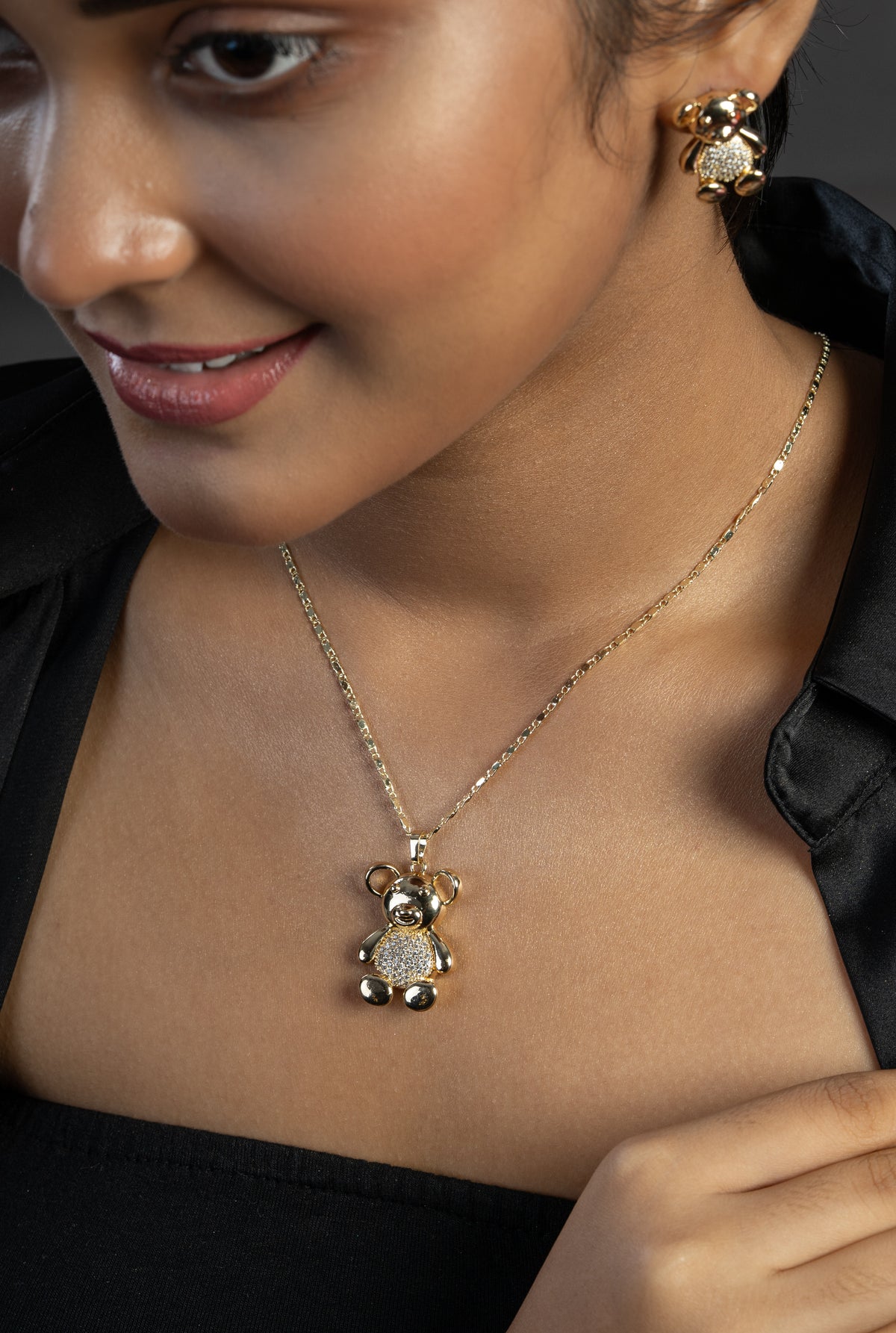 Gold-Tone Teddy Bear Pendant Necklace & Earrings Set for Women
