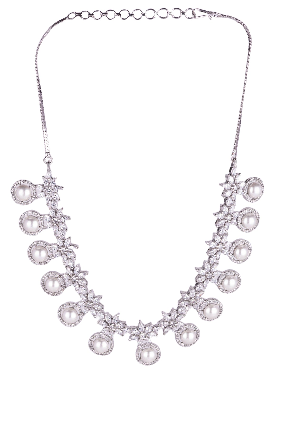 Silver-Tone Floral Pearl Necklace & Earrings Set for Women