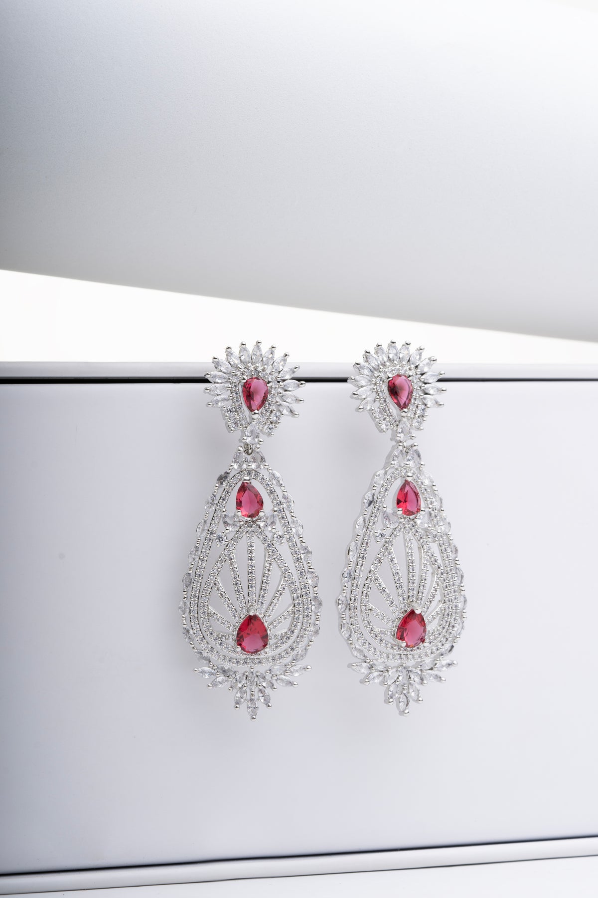 Silver-Tone Red Stone Teardrop Statement Earrings for Women
