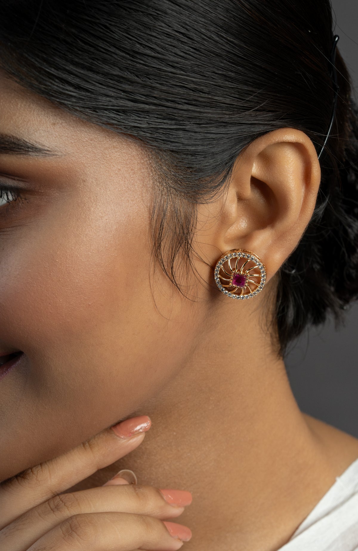 Gold-Tone Red Stone Round Stud Earrings for Women