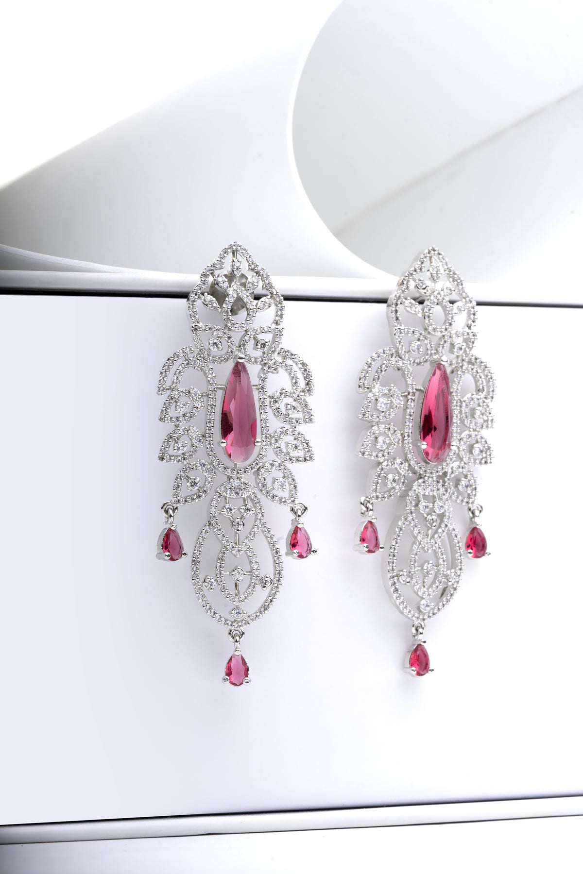 Silver-Tone Red Stone Long Drop Earrings for Women