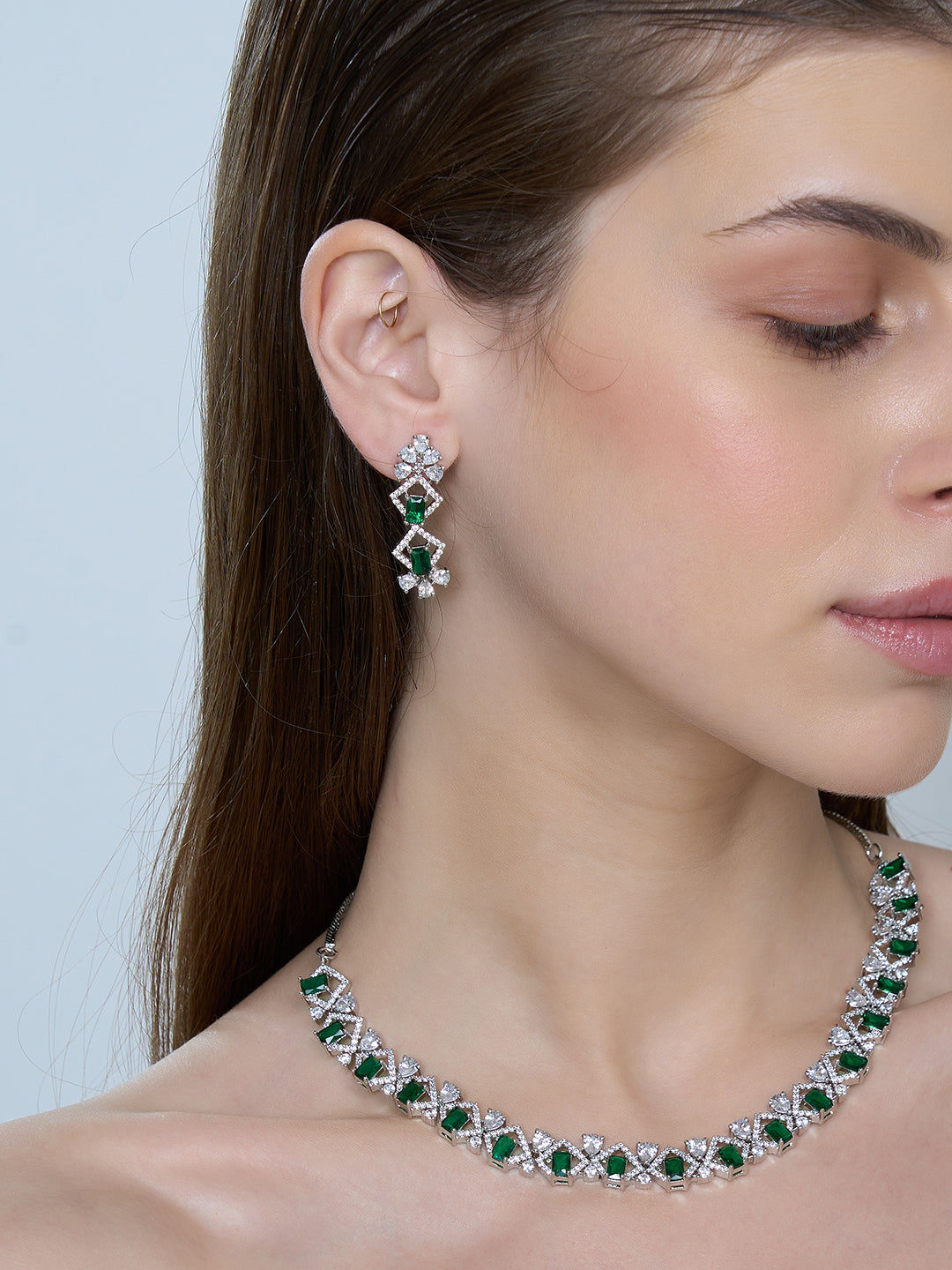 Green Stone Crystal Necklace & Earrings Set for Women