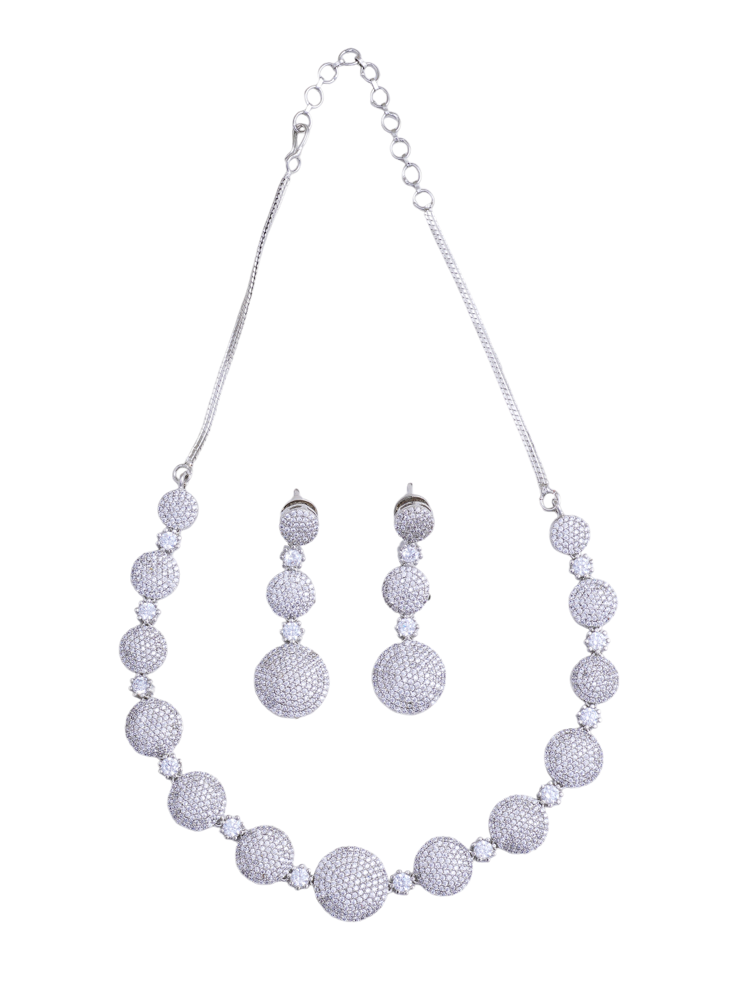Silver-Tone Round CZ Necklace & Earrings Set for Women
