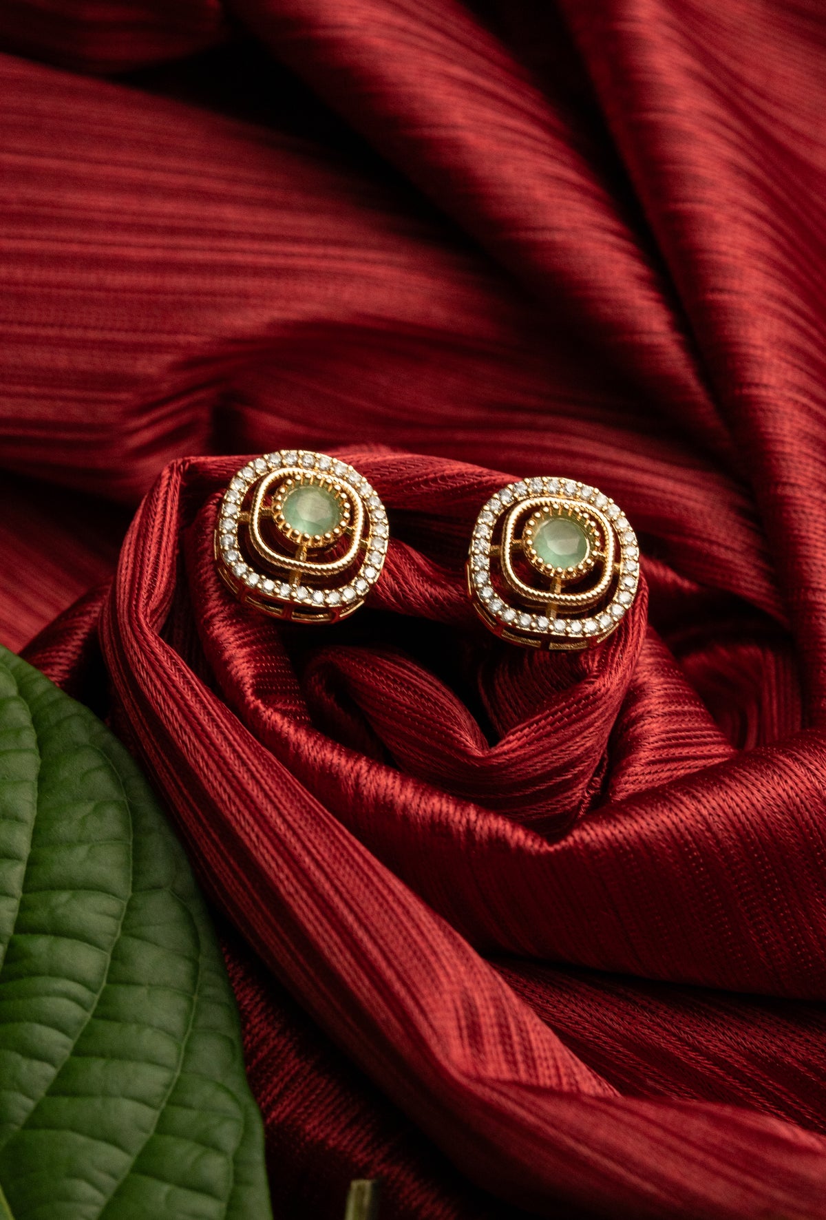 Green Round Gold-Tone Crystal Stud Earrings for Women