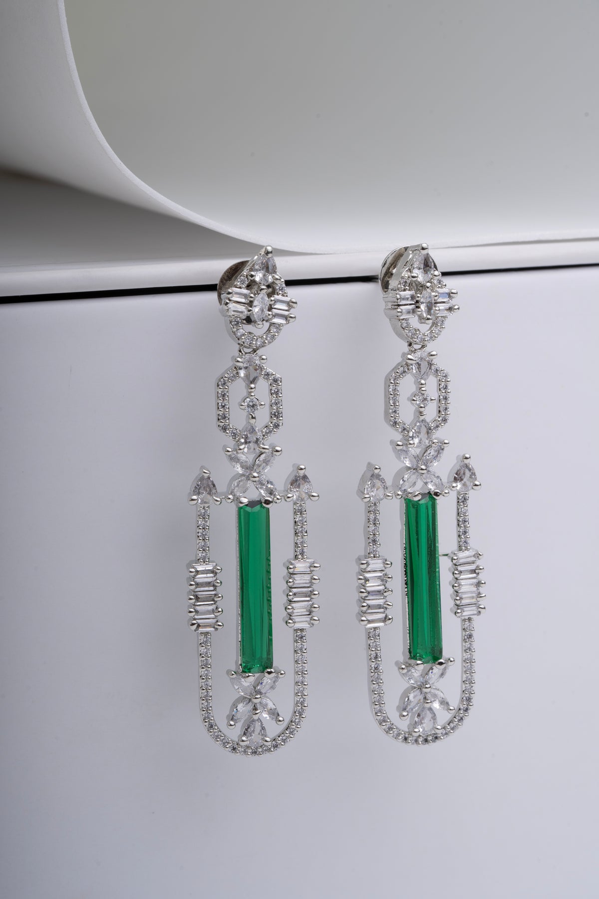 Green Emerald Long Geometric Crystal Drop Earrings for Women
