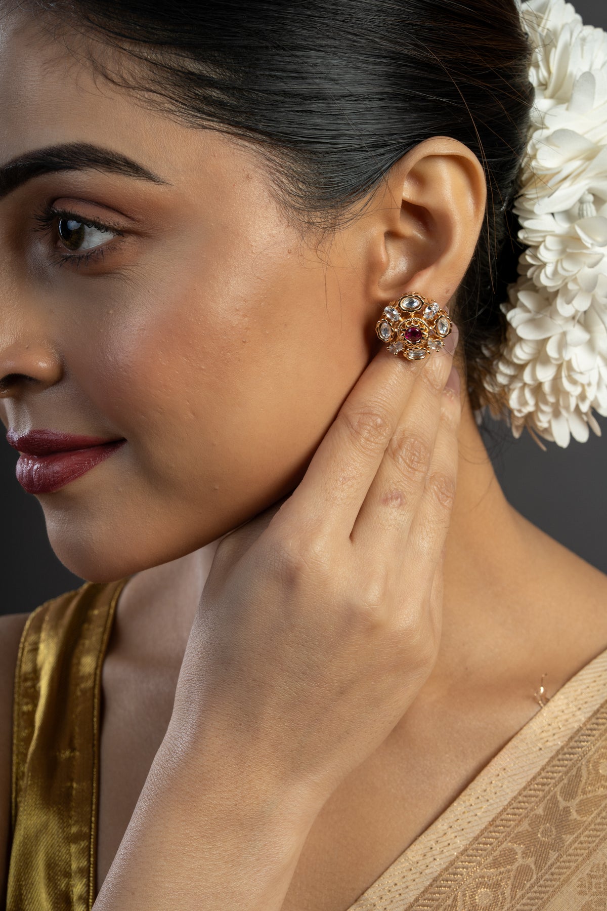 Ruby Red Floral Gold-Tone Crystal Stud Earrings for Women
