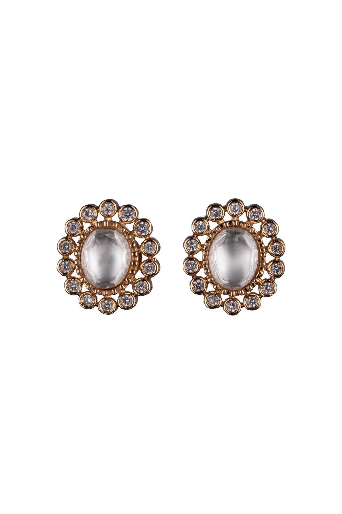 White Oval Stone Floral Gold-Tone Stud Earrings for Women