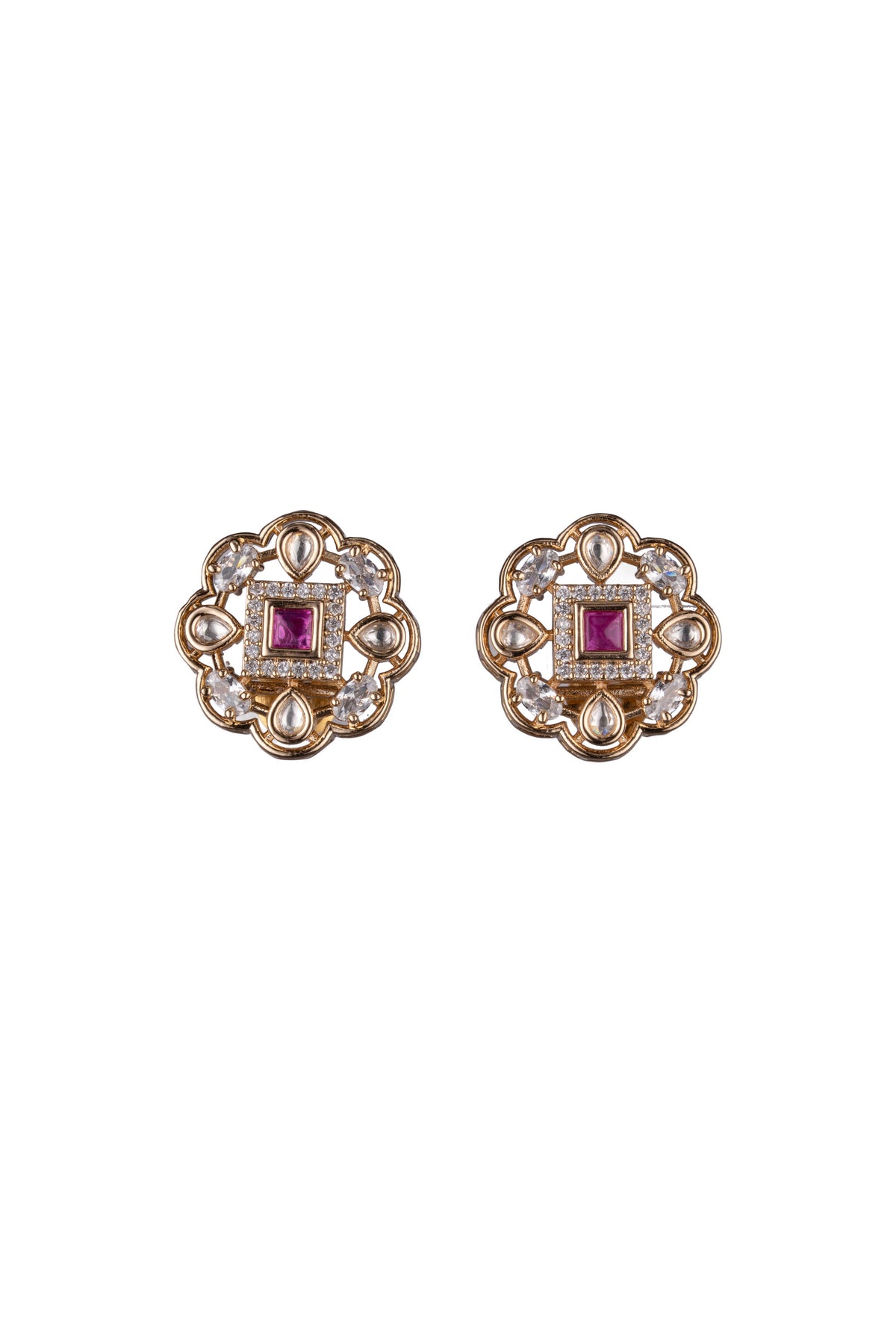 Ruby Pink Floral Gold-Tone Stud Earrings for Women