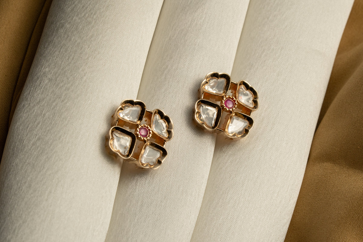 Gold-Tone Square Stud Earrings with Pink Centre Stone for Women