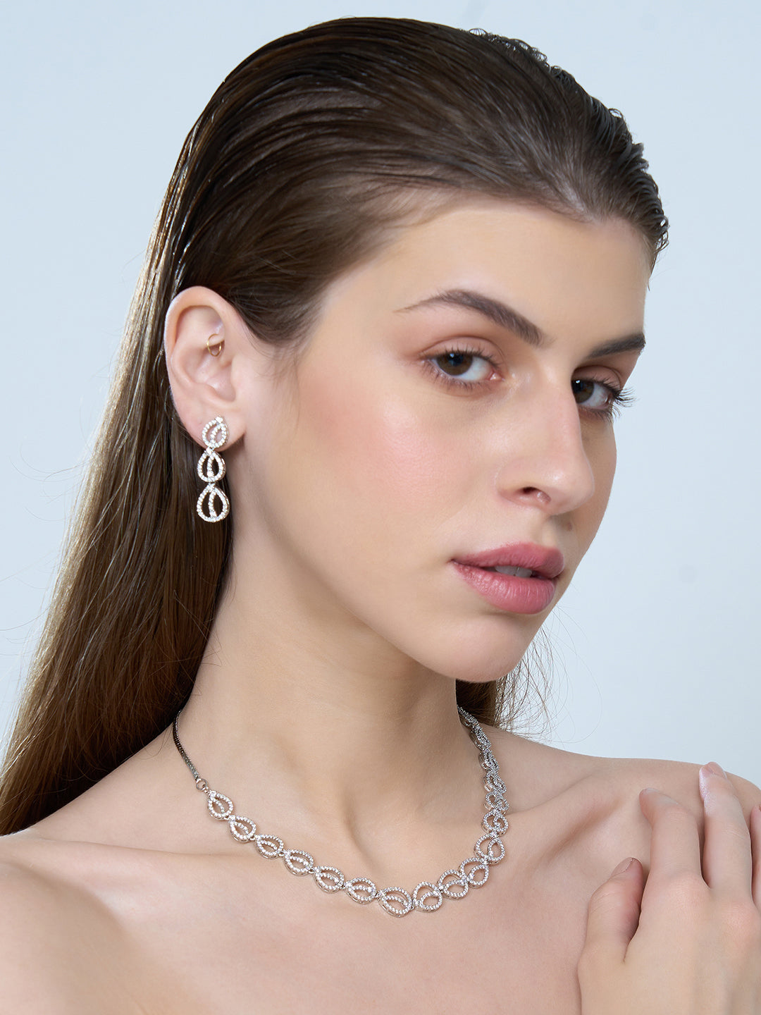 Kayrah Silver Tone Crystal Infinity Necklace & Earrings Set for Women
