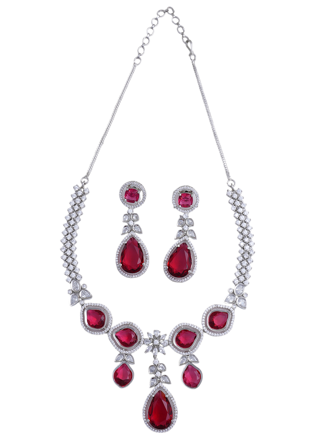 Ruby Red Statement Necklace & Earrings Set with Teardrop Stones