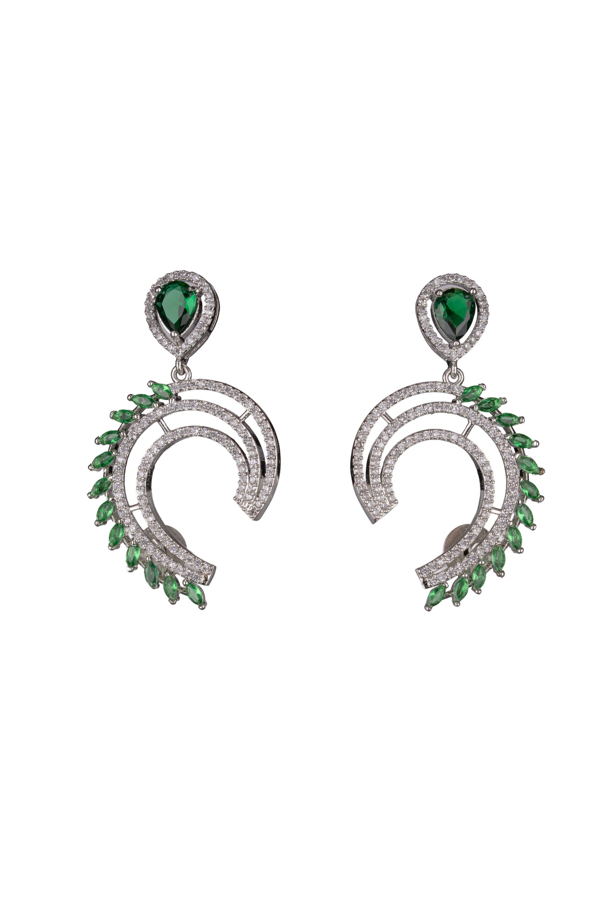 Green Stone Silver-Tone Crescent Drop Earrings for Women