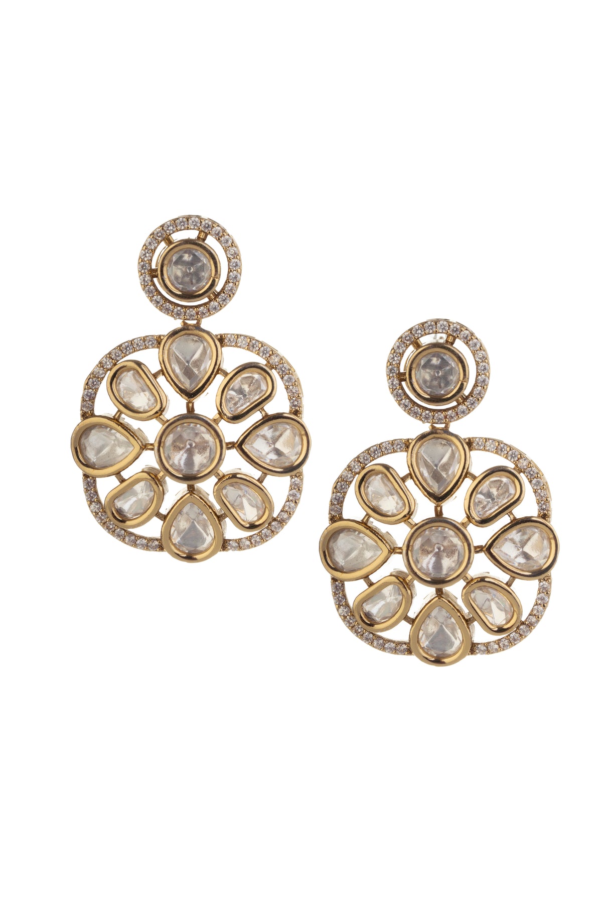 Gold-Tone Floral Kundan Style Drop Earrings for Women