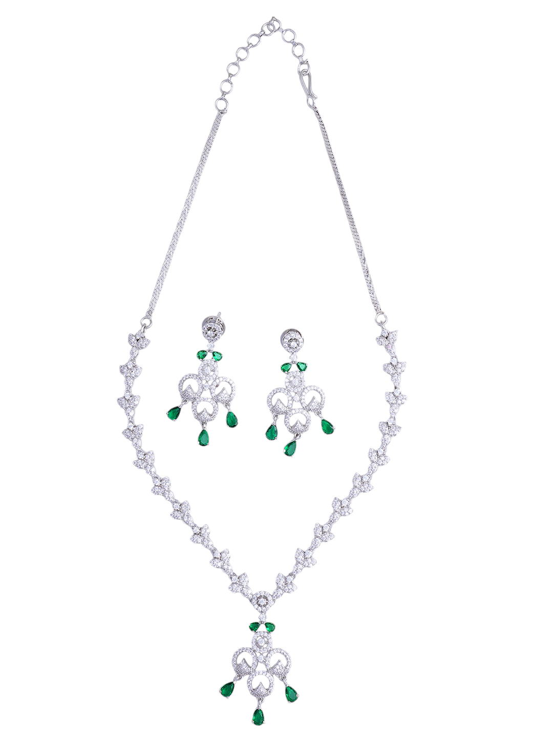 Green & Silver CZ Necklace & Earrings Set for Women