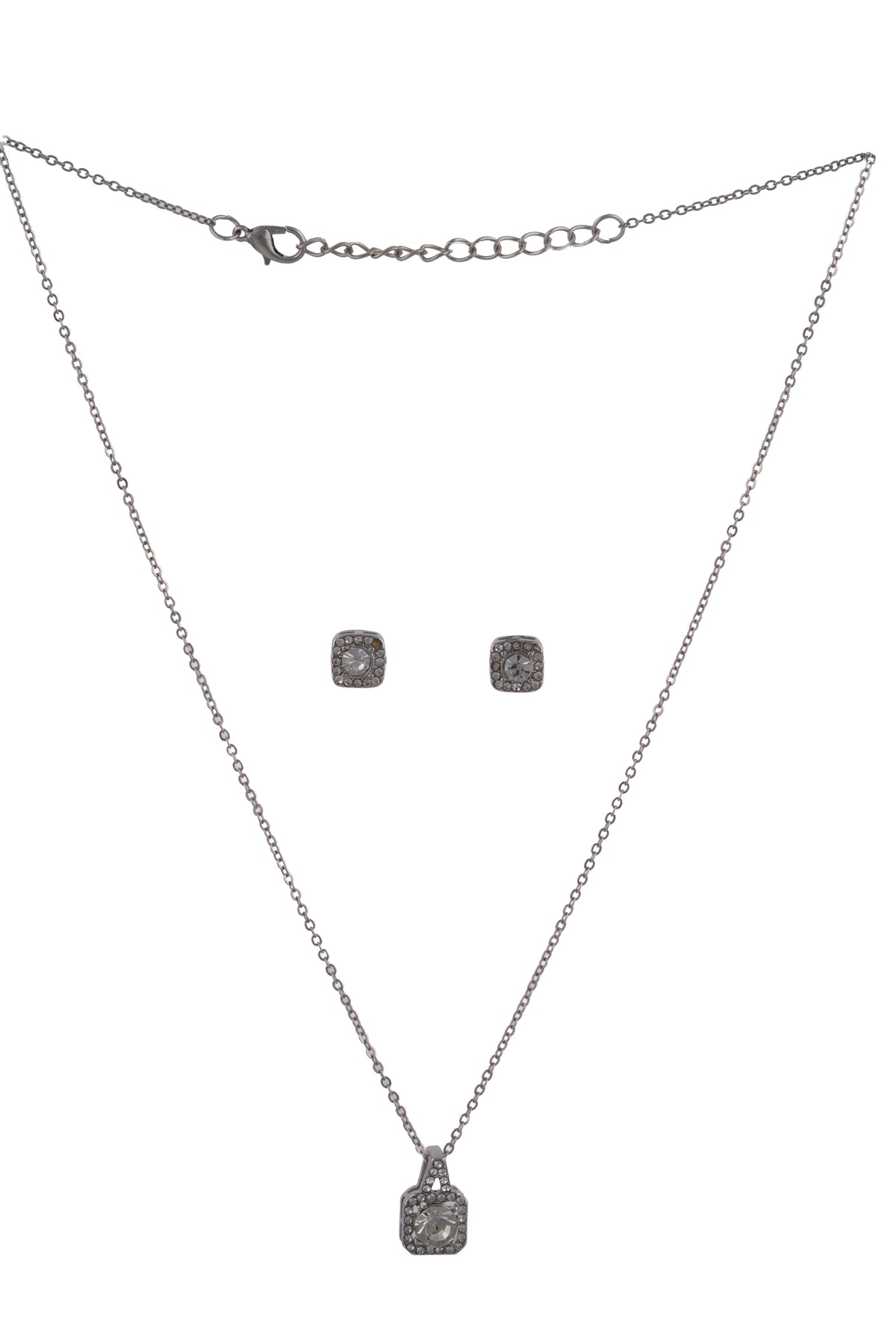 Kayrah Silver Tone Square Crystal Pendant Set with Earrings & Ring for Women