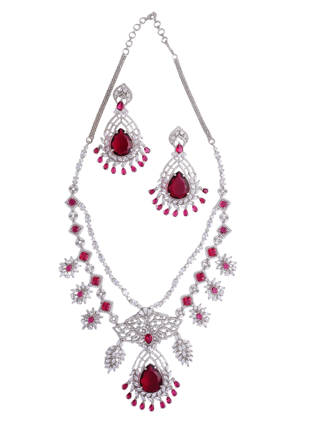 Red Ruby-Style Bridal Necklace & Earrings Set for Women