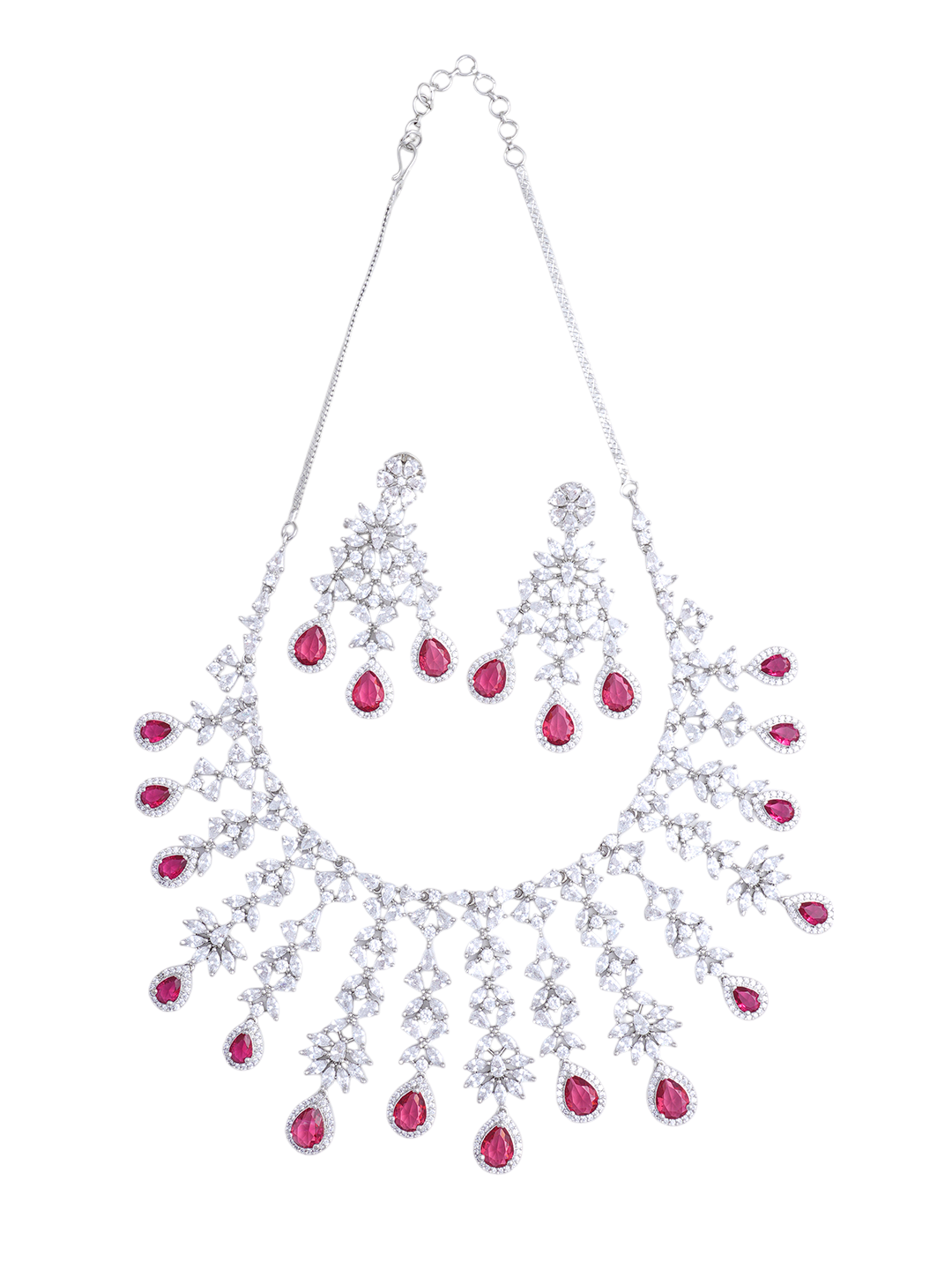 Silver Crystal Pink Stone Statement Necklace & Earrings Set for Women
