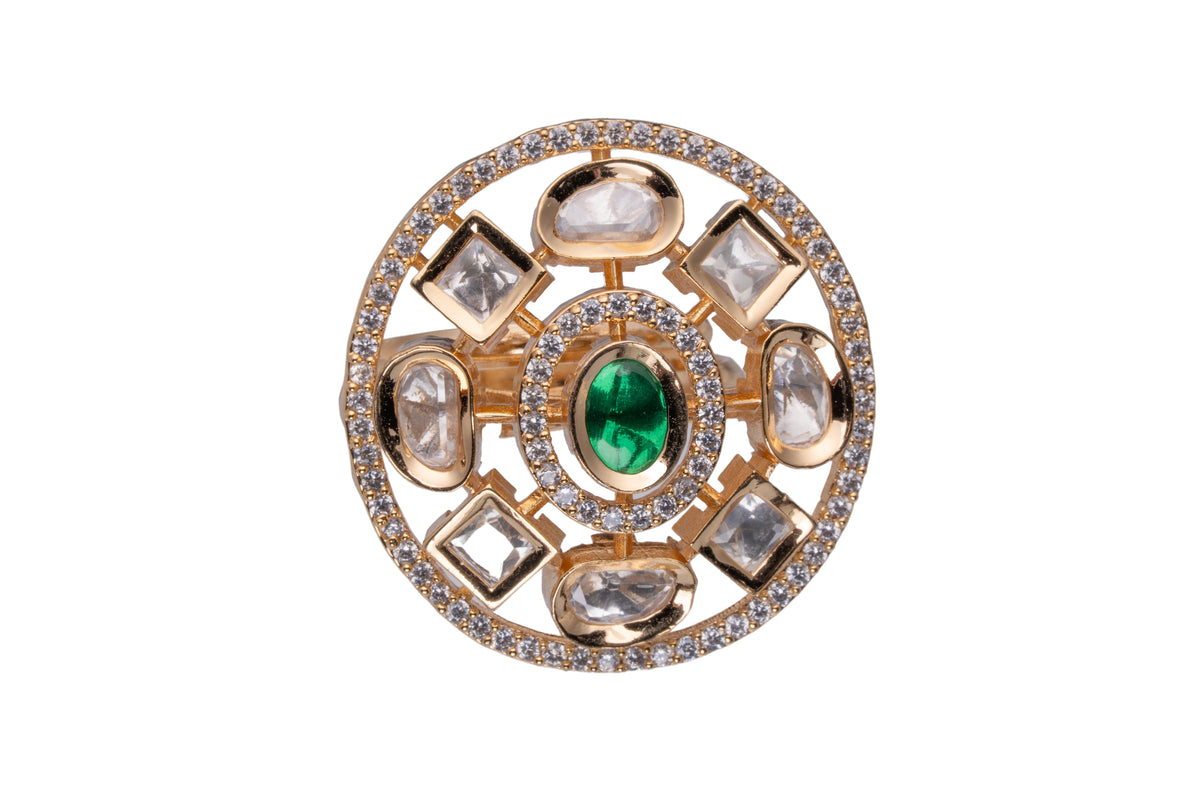 Gold-Tone Floral Statement Ring with Green Center Stone and Clear Accents for Women
