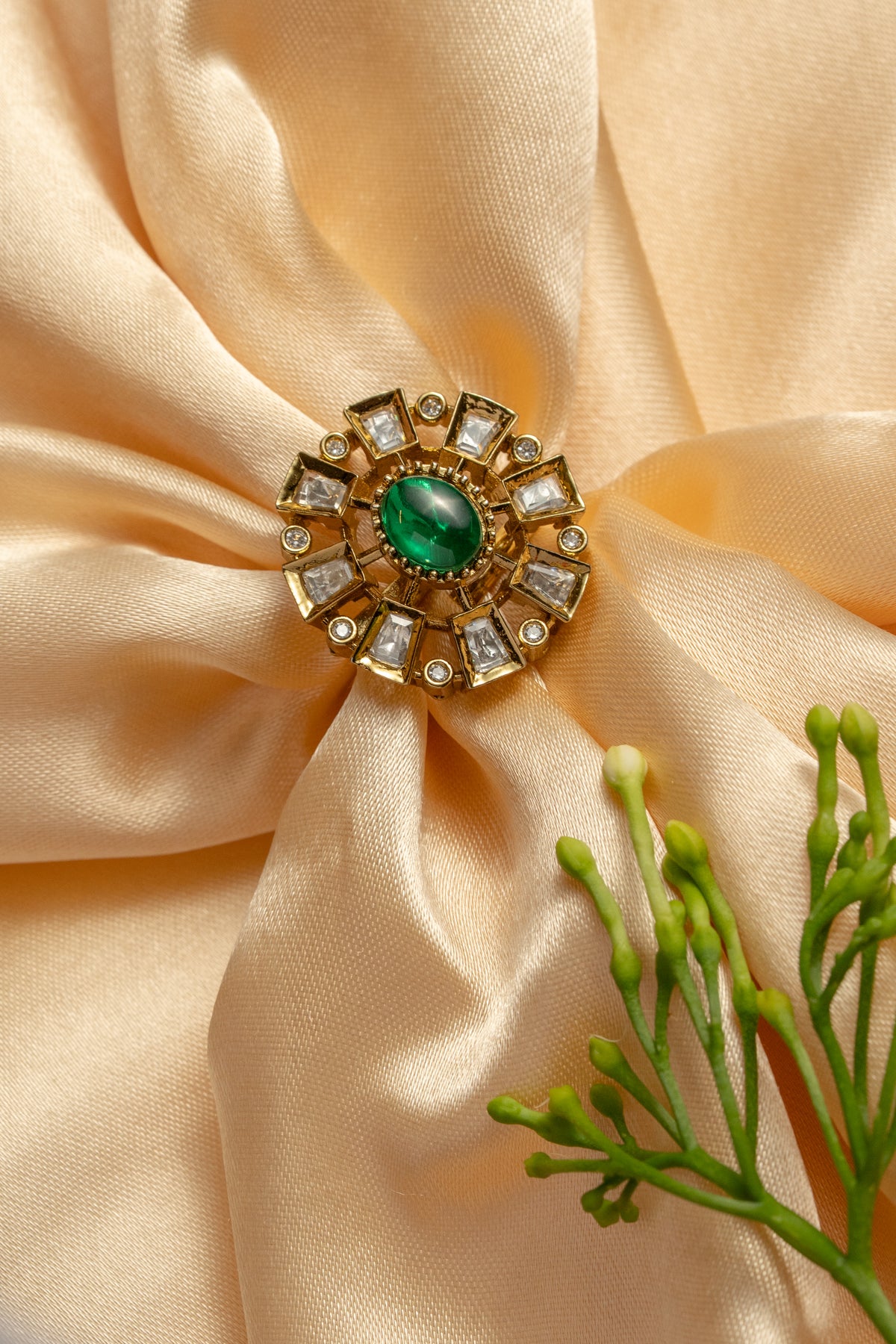 Gold Floral Statement Ring with Green Center Stone for Women