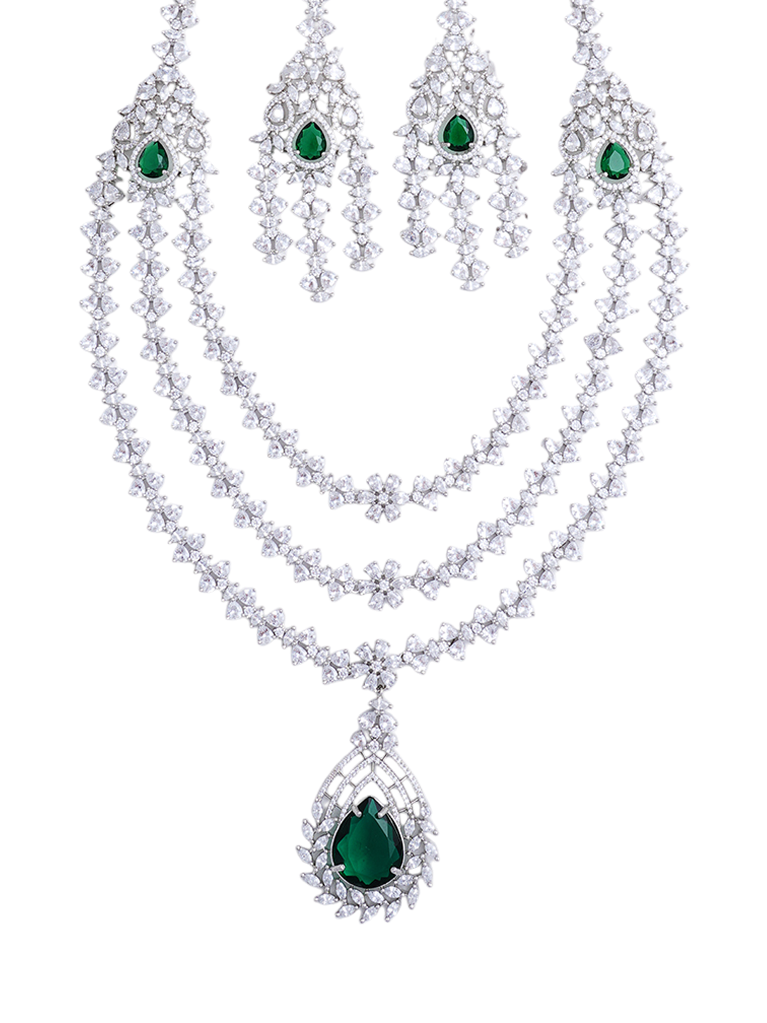 Emerald Green Layered Necklace & Earrings Set for Women
