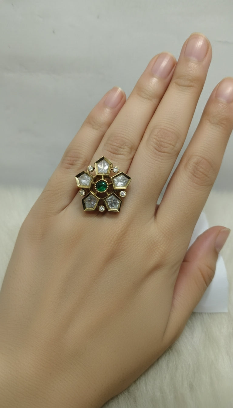 Gold-Tone Floral Statement Ring with Green Center Stone for Women
