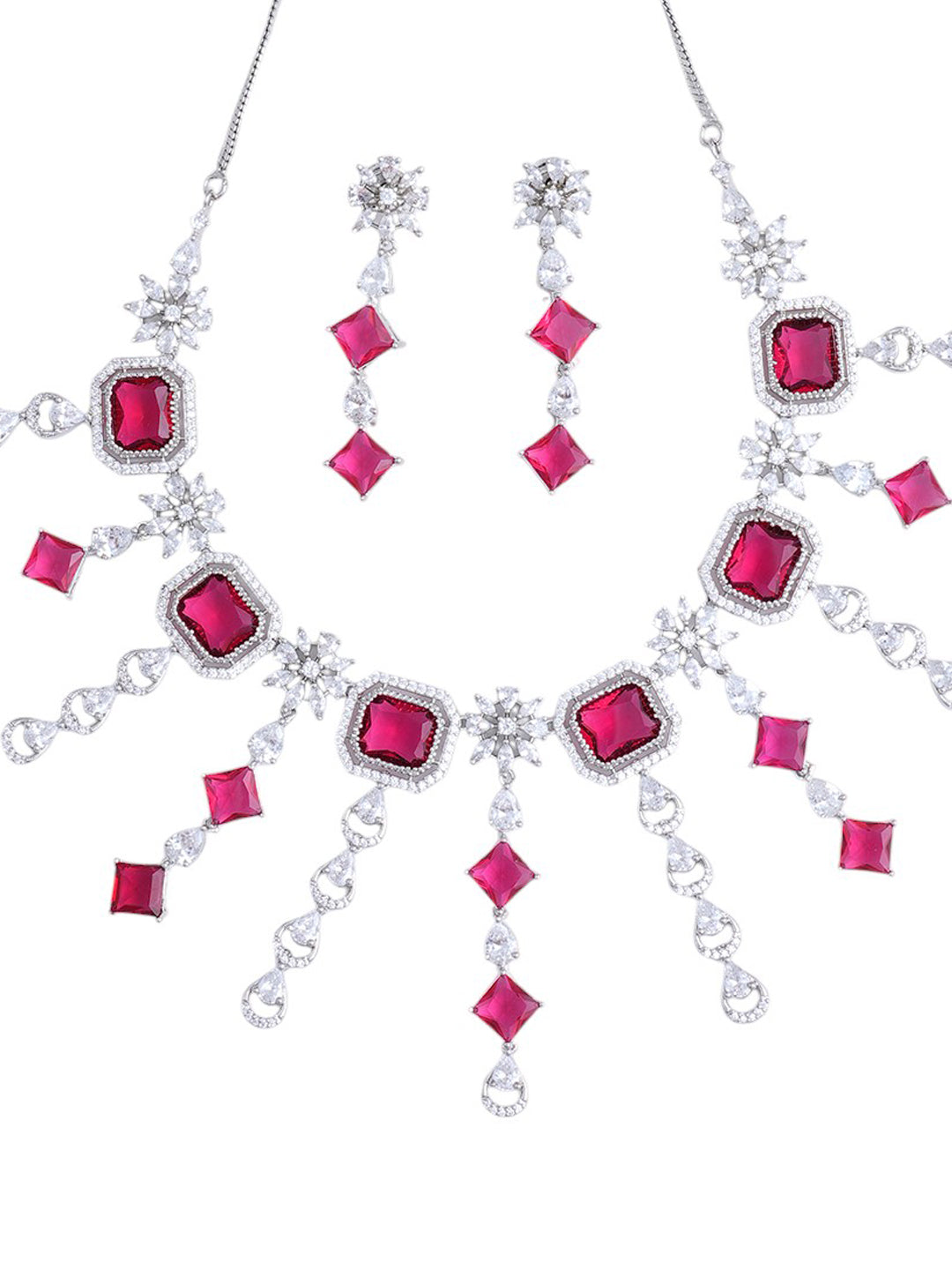 Pink Crystal Floral Necklace & Earrings Set for Women