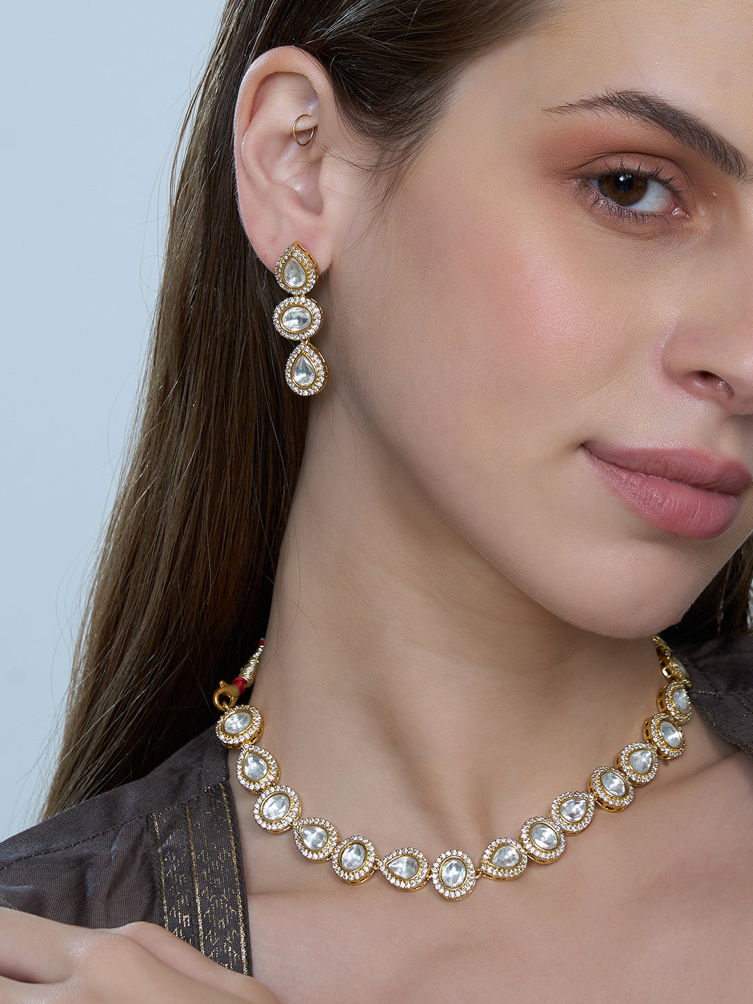Gold-Tone Kundan-Style Necklace & Earrings Set for Women