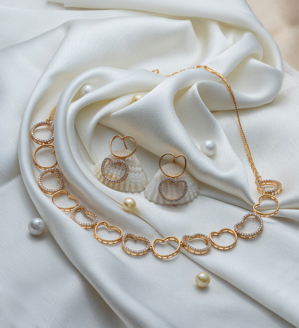 Gold-Tone Heart Link Necklace & Earrings Set for Women